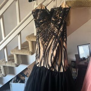 Elegant Black and Tan Strapless Gown